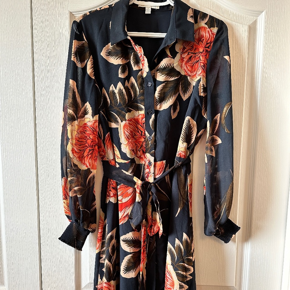 Black Floral Midi Shirt Dress with Belt